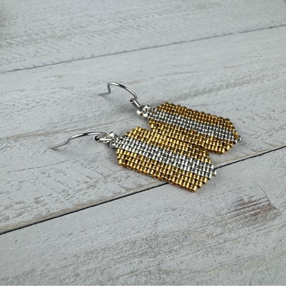 Gold Silver Glass Seed Bead Drop Earrings Handmade Minimalist Elegant Jewelry - Picture 2 of 3